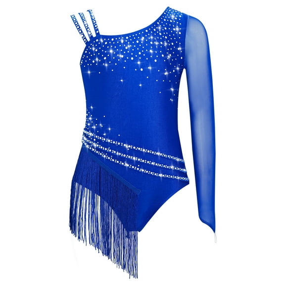 SiiRoh Girls Shiny Diamond Tassel Gymnastics Leotard Ballet Latin Jazz Dance Ice Skating Bodysuit Blue 10