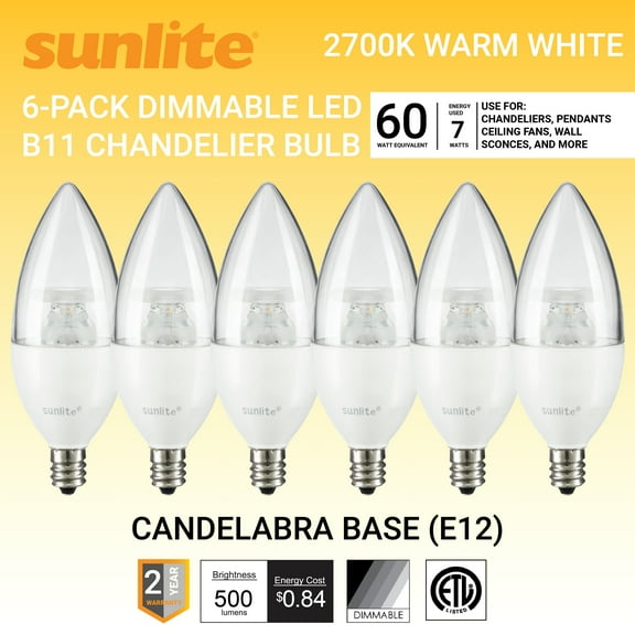 Sunlite LED B11 Clear Torpedo Tip Chandelier Light Bulb, 7 Watts (60W Equivalent), Candelabra E12 Base, Dimmable, 2700K Soft White, 6 Pack
