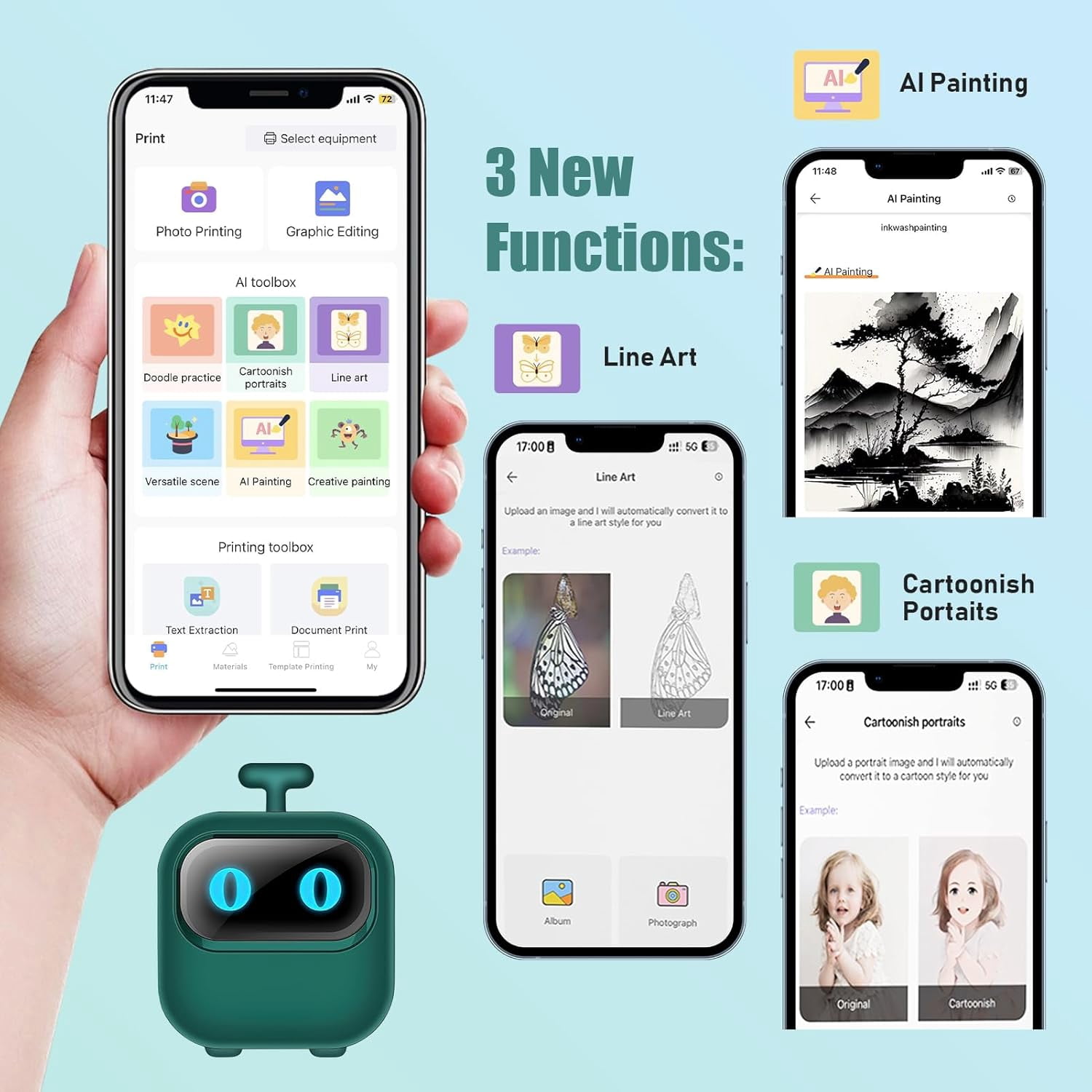 Wiher Mini Thermal Printer, Small Bluetooth Printer for IOS & Android Phone, Pocket Study Printer with AI Painting Function &13 Rolls Paper for Photo Journal Notes Memo(Green)