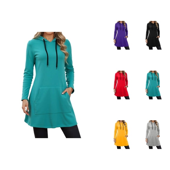 Plain Hoodie Dress for Women 2025 Fall Winter Long Sleeve Casual Hooded Sweatshirt with Pockets Pullover Tops