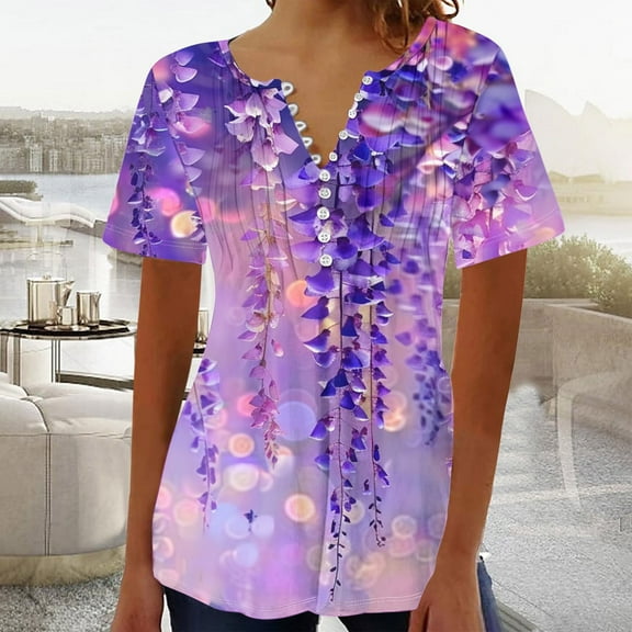 Womens Clothing Homenesgenics Woman Clothes under $5 Fashion Women's Casual Printed-Neck Button Fold Short Seeved Tops Blouse Multicolor XL