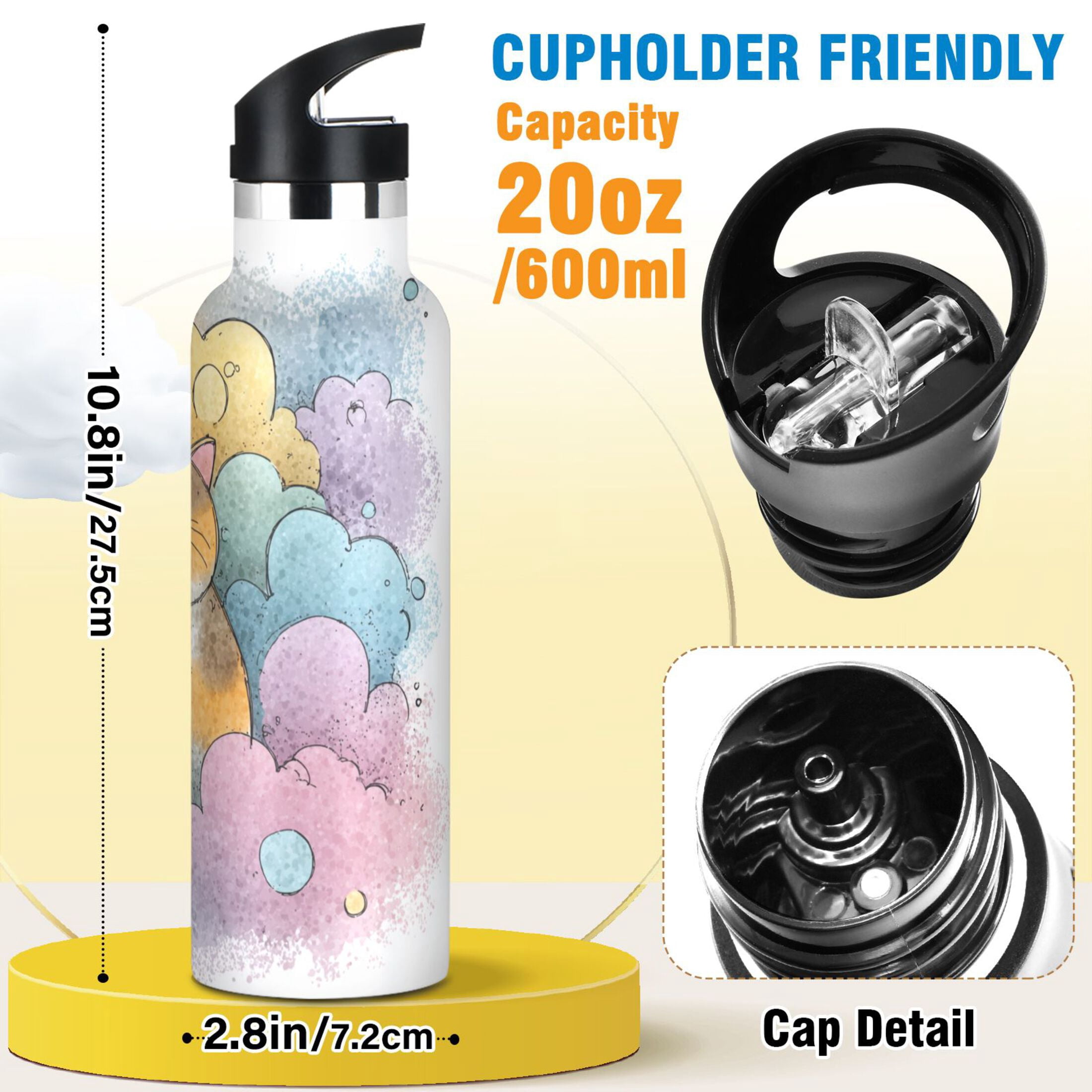 Kids Insulated Stainless Steel Sports Water Bottle 600ml (20oz) Cat and Colorful Clouds