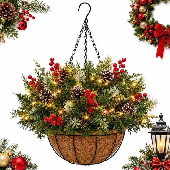 Lighted Christmas Hanging Basket, Artificial Winter Holiday Decor Festive Christmas Hanging Basket with Warm Lights, for Outdoor Porch, Door & Window Decor