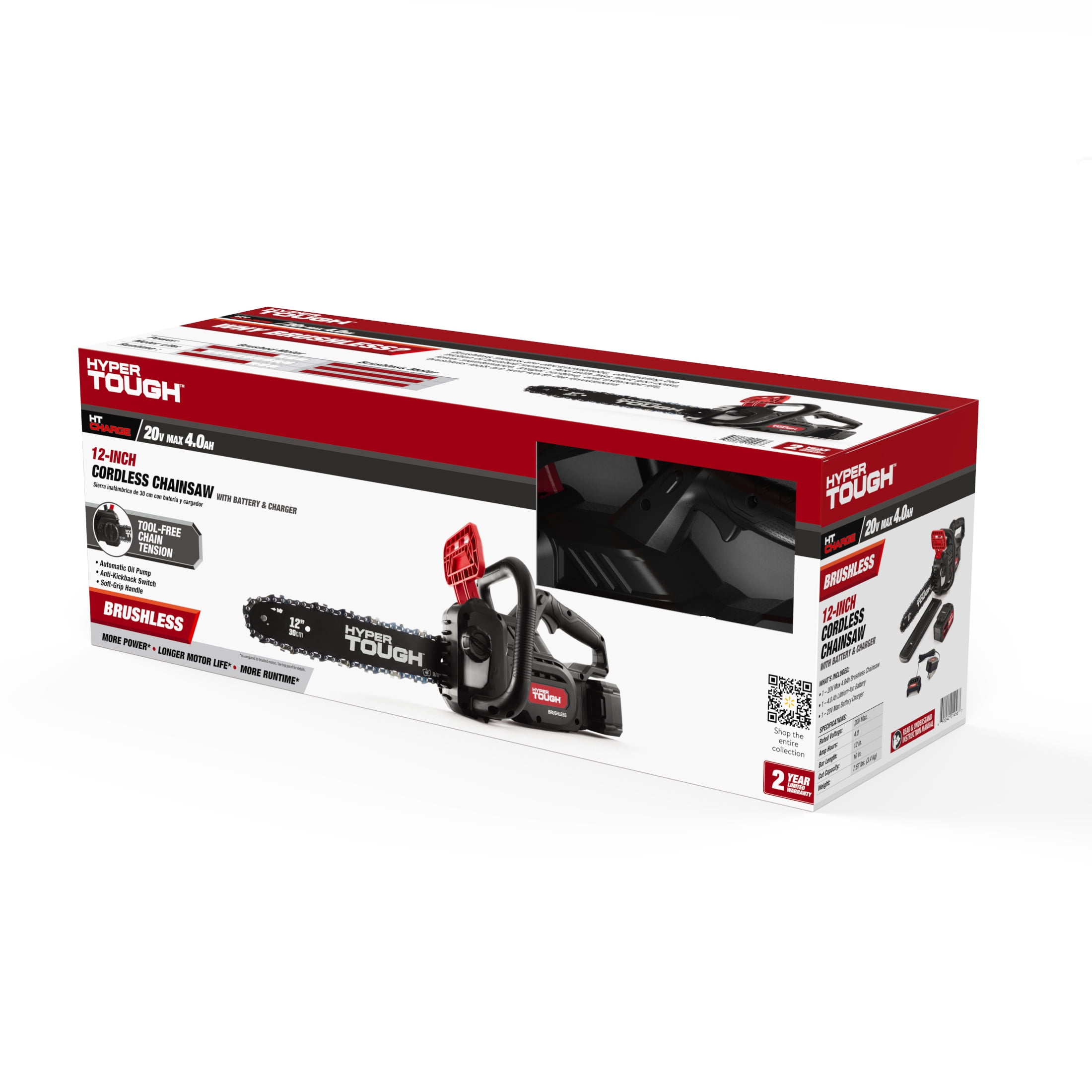 Hyper Tough 20V 4.0Ah Battery Powered 12in Brushless Chainsaw,  HT22-401-03-03