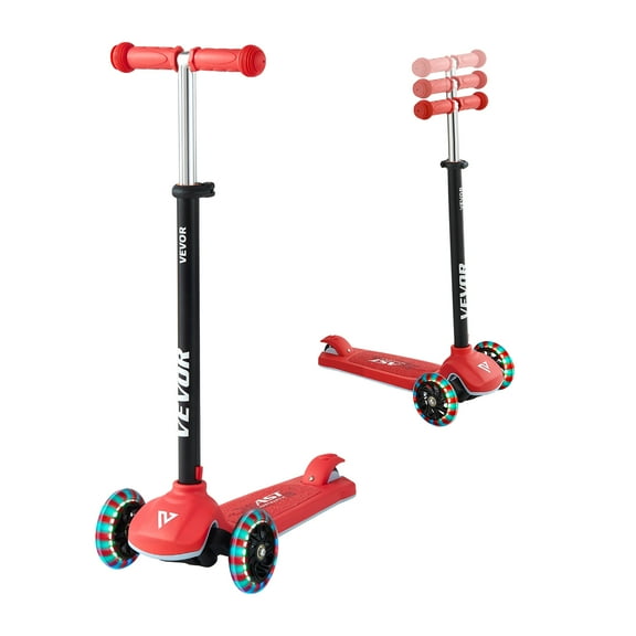 VEVOR Kick Scooter for Kids Ages 3 , 3-Wheel Toddler Scooter with Light-Up Wheels, Adjustable Height Handlebar, Wide Anti-Slip Deck, Lightweight Aluminum Frame for Boys & Girls up to 165 lbs, Red