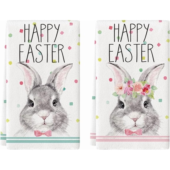 pogooe Mr & Mrs. Rabbits Kitchen Dish Towels, 18 x 26 Inch Seasonal Easter Bunny Ultra Absorbent Drying Cloth Tea Towels for Cooking Baking Set of 2