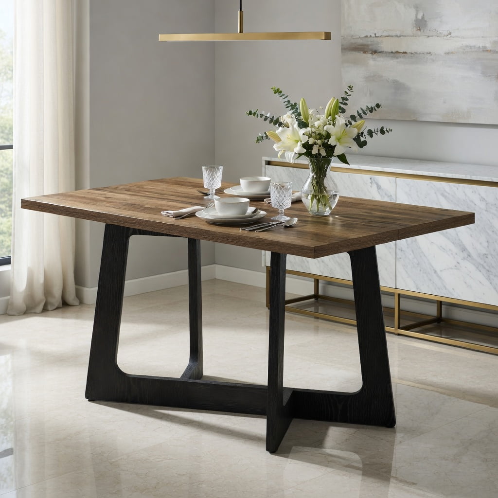 Hommoo 47 Inch Farmhouse Dining Table for Small Spaces, Sturdy Pedestal Kitchen Table for 2 to 4 People, Wood Grain & Black Metal Industrial Design, Brown