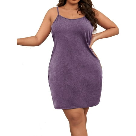 

Sexy Plain Spaghetti Strap Slip Dress Violet Purple Sleeveless Plus Size Nightgowns & Sleepshirts