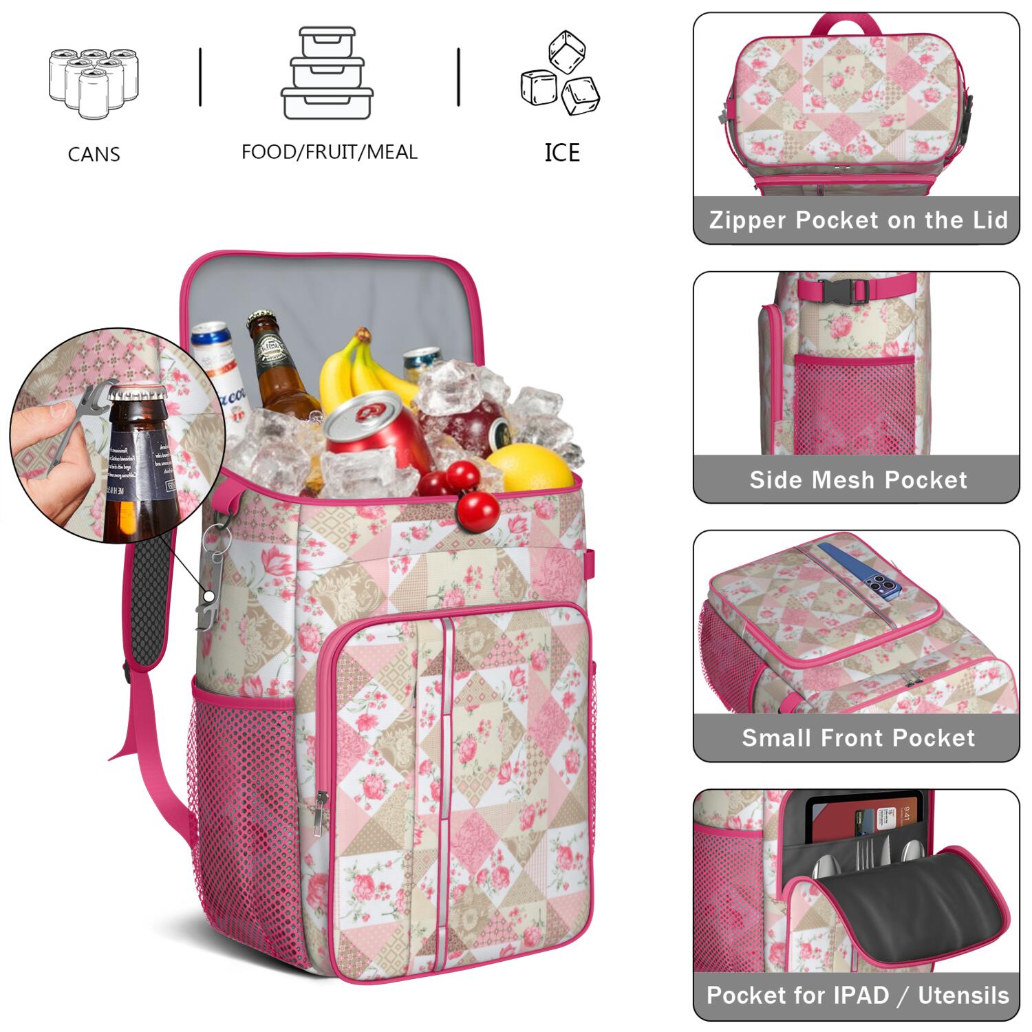 Travel Cooler Bag - Pioneer Flower Floral Print Pattern Camping Beer Cooler Backpack with Bottle Opener- Waterproof Insulated Picnic Backpacks - Cooler Bag for Beach