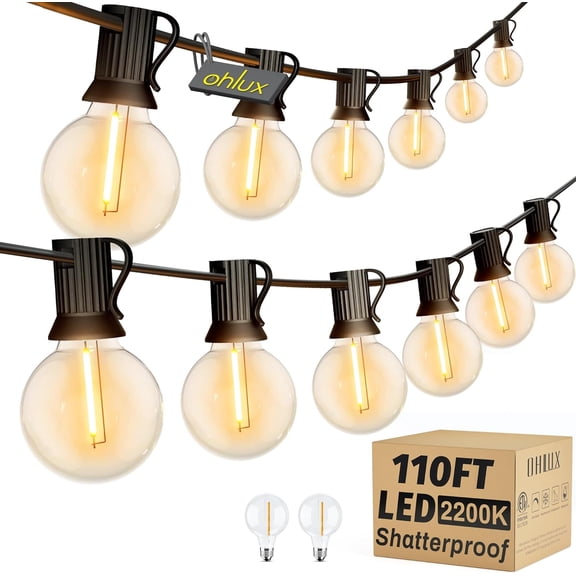 PLUHKN-Outdoor String Lights,110FT Dimmable Patio Lights with 58 G40 Shatterproof 2200K LED Bulbs(2 Spare),Waterproof Hanging Lights String for Outside Backyard,Cafe,Porch,Deck,Porch(110FT*1strand)