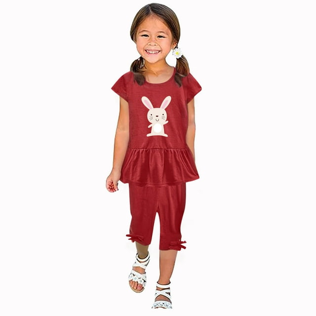 Shirts for Girls, Girls Summer Round Neck Small Print Short Sleeved Flying Sleeves Elastic Waist Cropped Pants Two-piece Set
