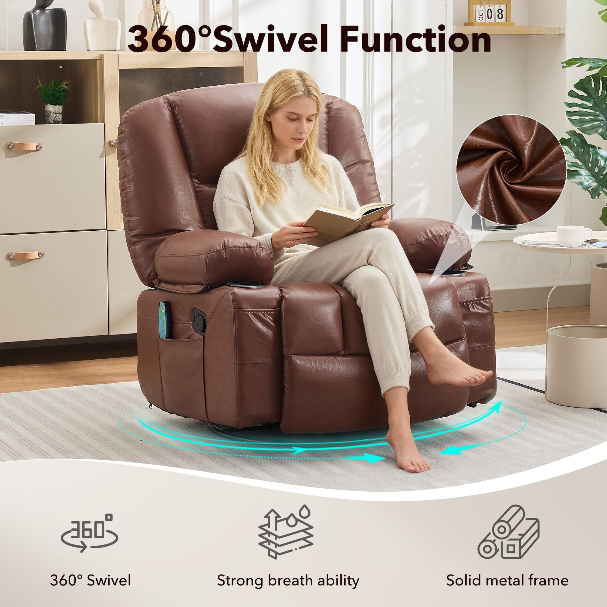 Oversized 360° Swivel Recliner Chair for Adults - Rocker Glider with Vibration Massage & Heat - Extra Wide, Overstuffed Lounge Sofa, Manual Recline, Cup Holders & Side Pockets
