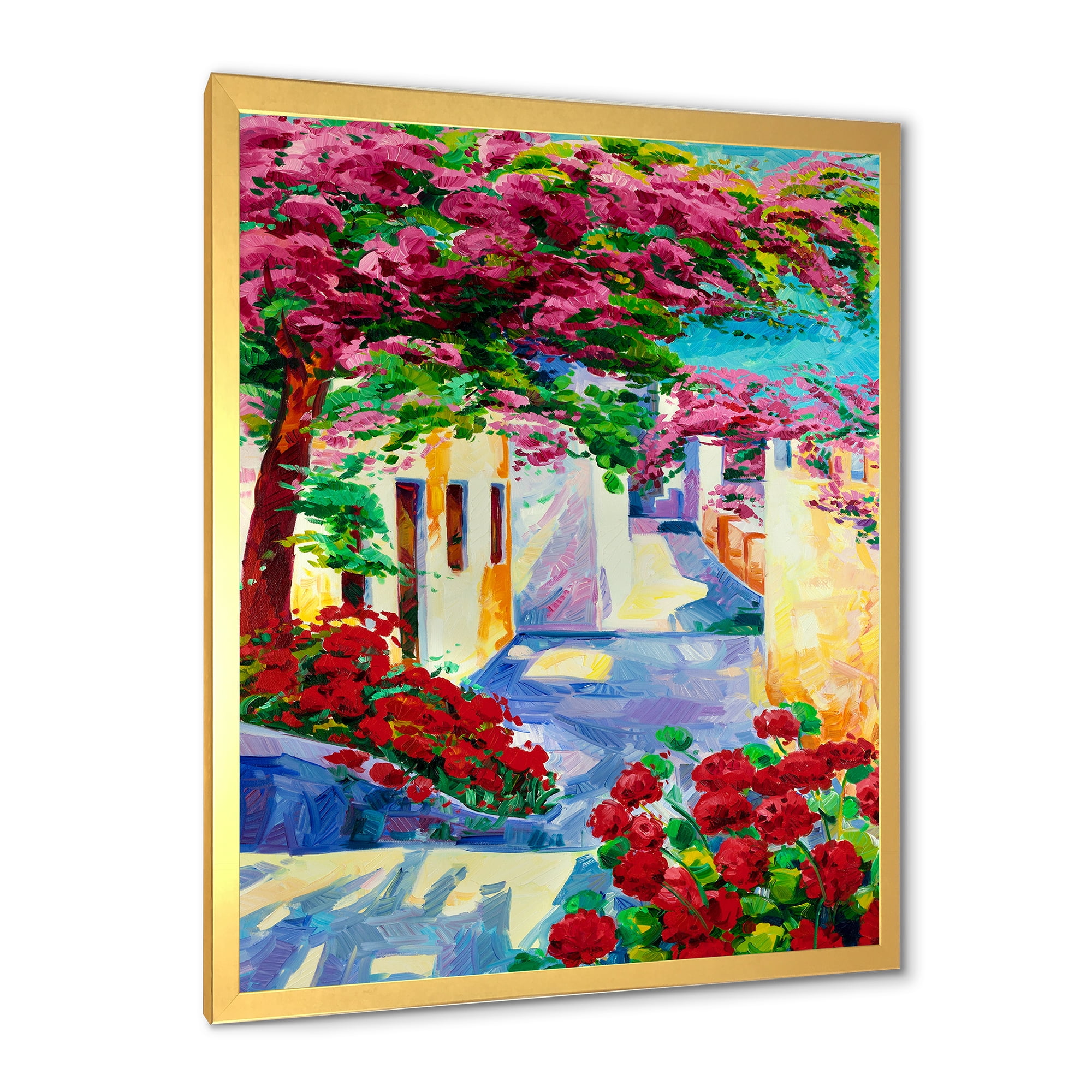 Designart 'Colorful Traditional Santorini Houses Among Flowers' Nautical & Coastal Framed Art Print