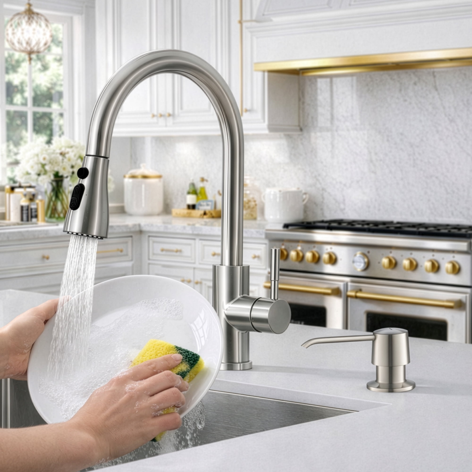 Blossom Kitchen and Bathroom Soap Dispenser with Brushed Nickel Finish – Modern Countertop Soap Dispenser