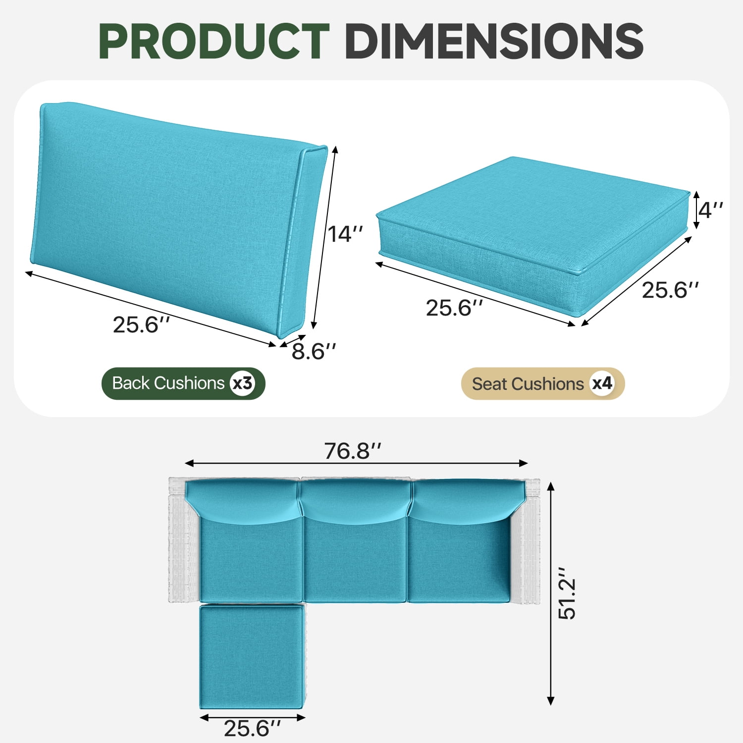 BaPiPro 4-Person Light Blue Outdoor Sectional Sofa Cushions, Waterproof Polyester Patio Cushions with High-Density Sponge, No Assembly Required, for Backyard, Balcony, Deck, Poolside