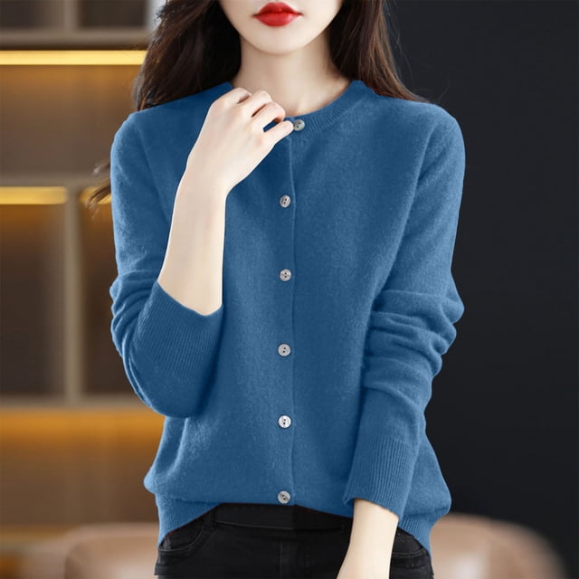 Cardigan Tricoté à Manches Longues et Col Rond pour Femmes - Chandail Léger en Polyester Doux pour Tenue Décontractée