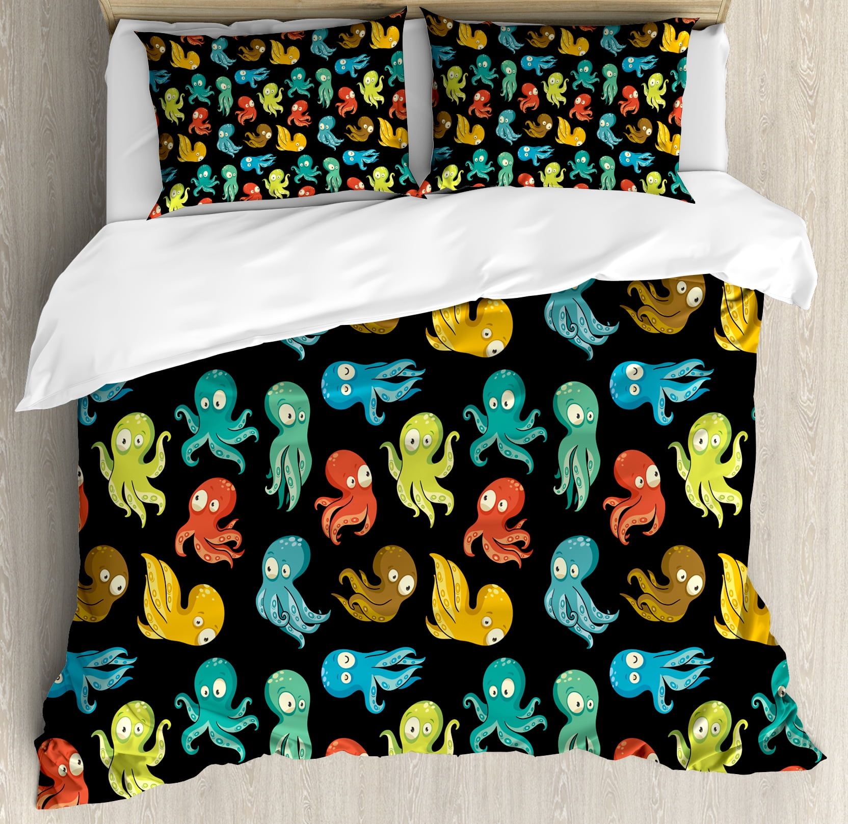 Octopus Duvet Cover Set Cartoon Drawing Style Funny Octopus Duvet Cover Set Cartoon Drawing Style Funny Characters From Ocean Underwater Life Image Decorative Bedding With Pillow Shams