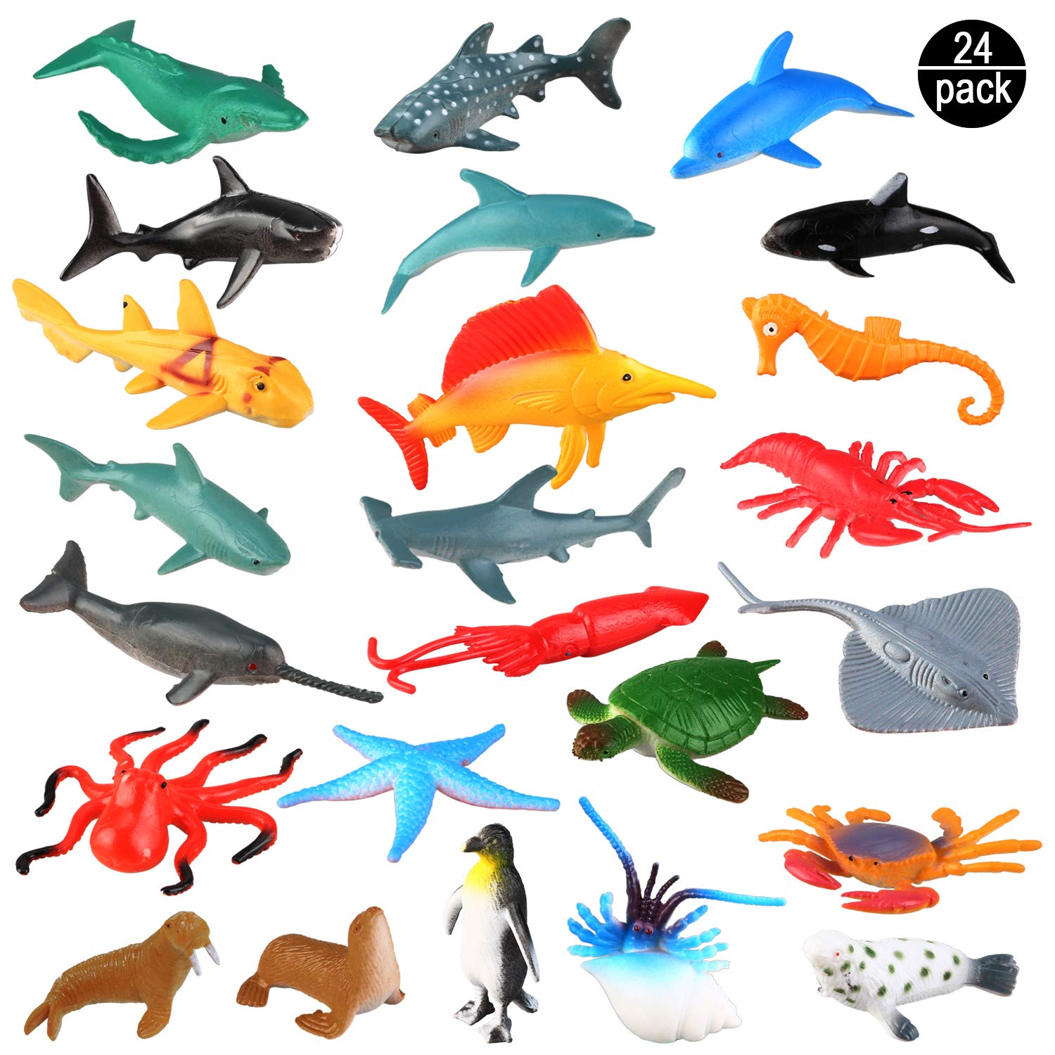 Fixdono 24 Pack Plastic Sea Ocean Animals Figure Sea Creatures Model Toys  Set, Birthday Toys for Kids with Turtle Octopus Shark 