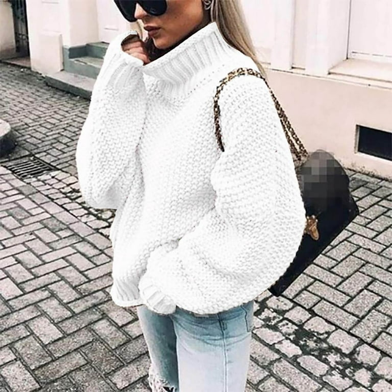 Homchy Women Tops Women Casual Oversize Chunky Knit Pullove Long Sleeve  Elegant High-Neck Vintage Chunky Winter Pullove Sweater