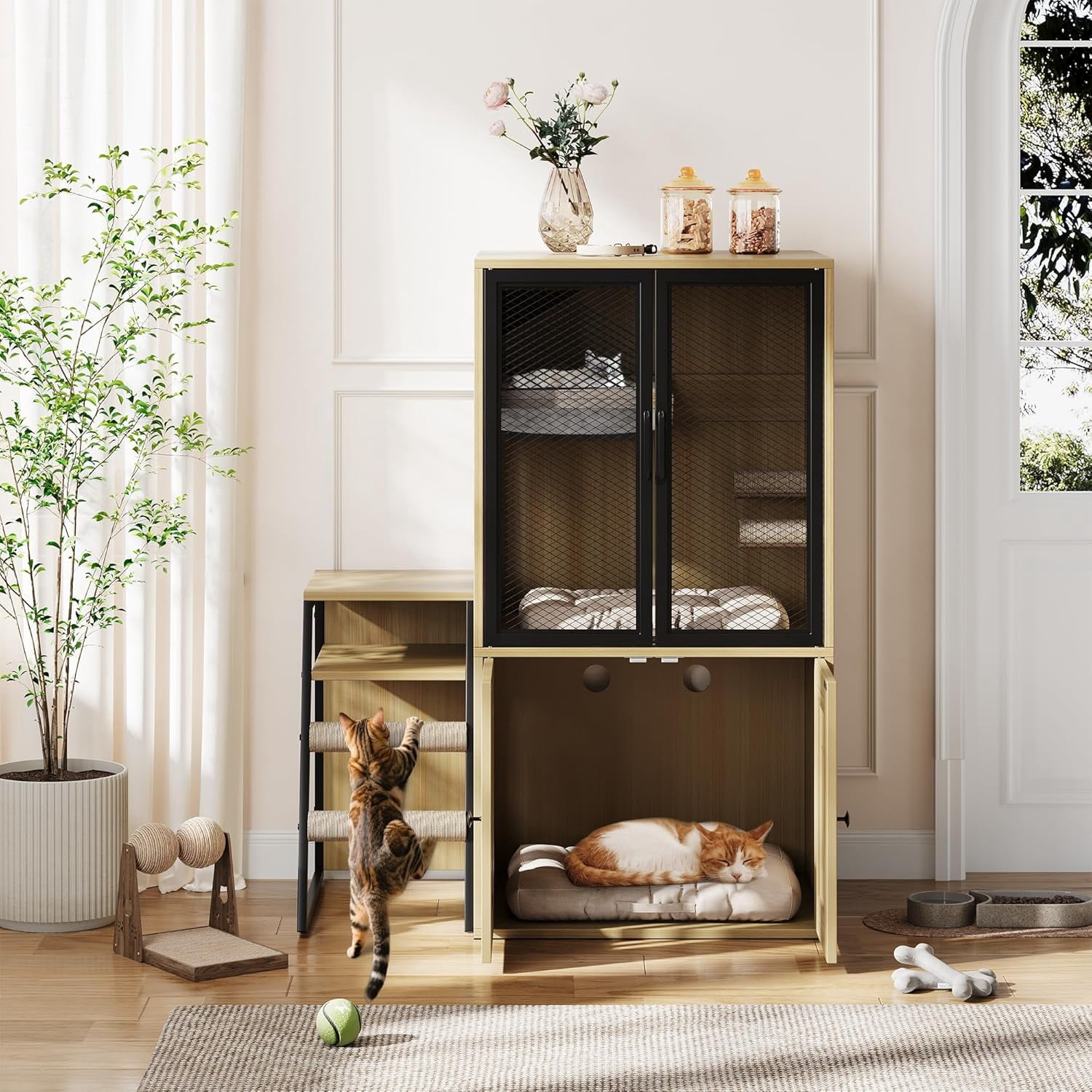 Cat Litter Box Enclosure for 2 Cats and Doors,Double Cat House with Storage Space,Enclosed Litter Box Furniture with Ladder