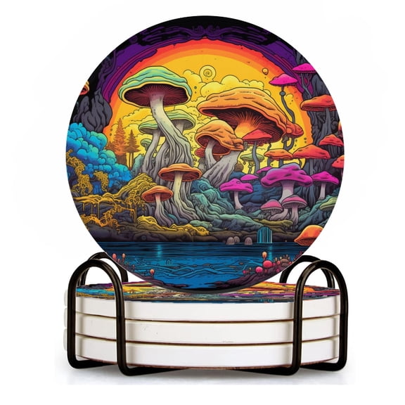 BaHomeck Drink Coasters Set of 4 with Holder mushroom forest with lake in vibrant colors Water Absorbent Ceramic Coasters Tabletop Protection,Suitable for Various Cup ,Home Decor