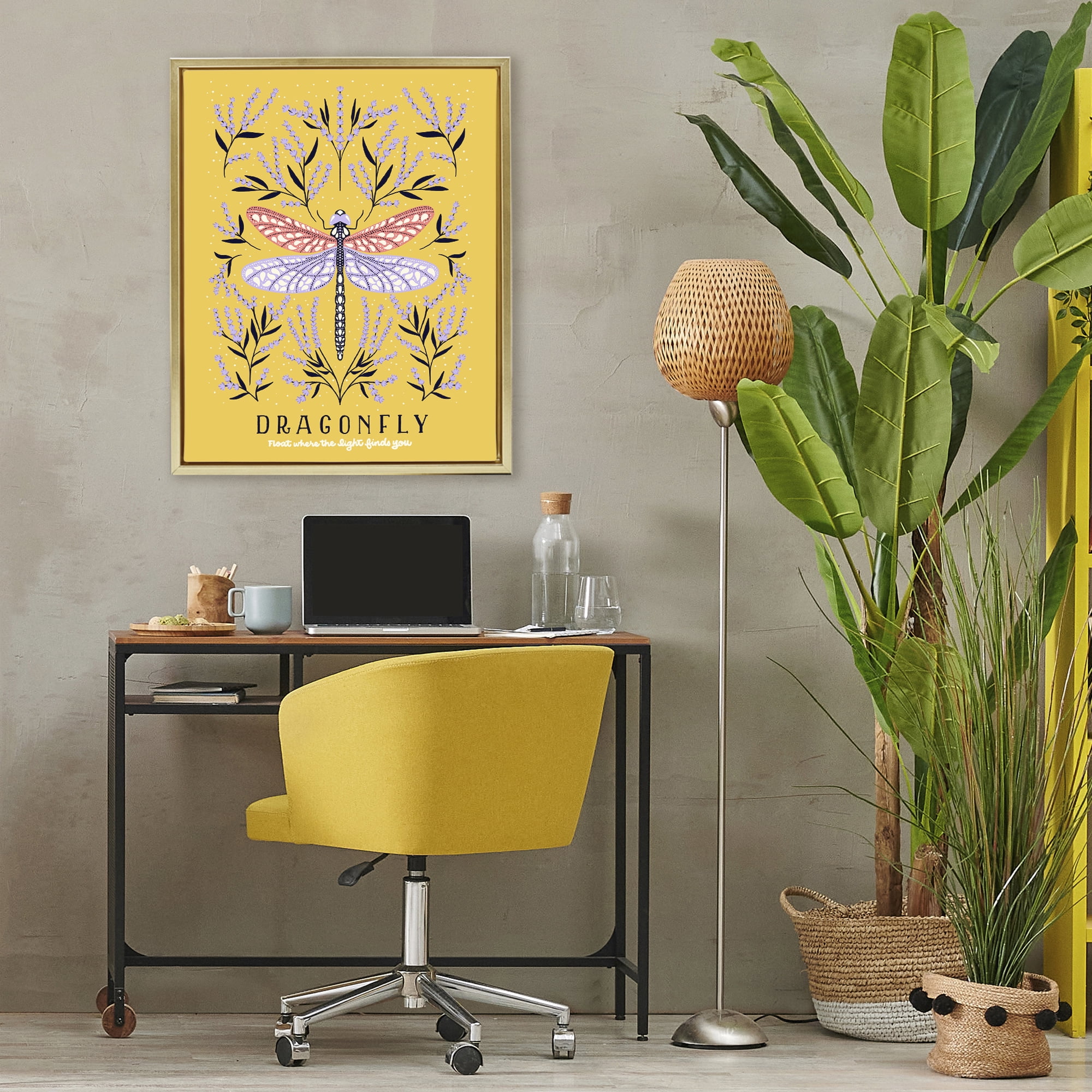 Stupell Industries Dragonfly Symmetry on Yellow Gold Framed Floater Canvas Wall Art, design by Indira Prieto | IndySign