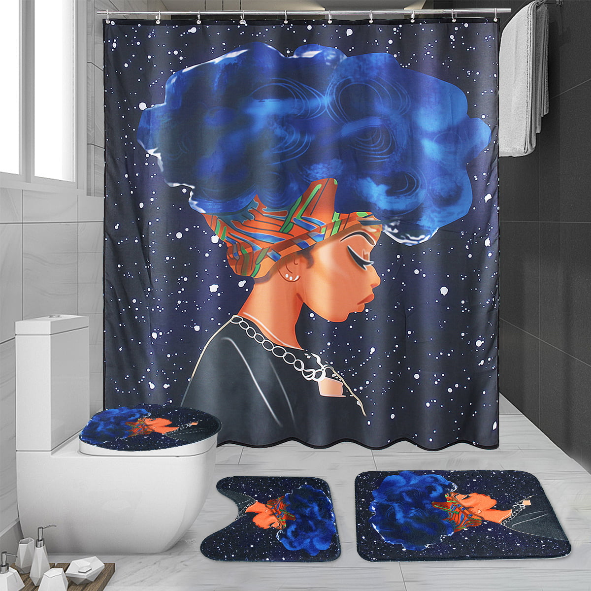 Polyester Waterproof African Afro Woman Listen Music Shower Curtain Bathroom Mat 