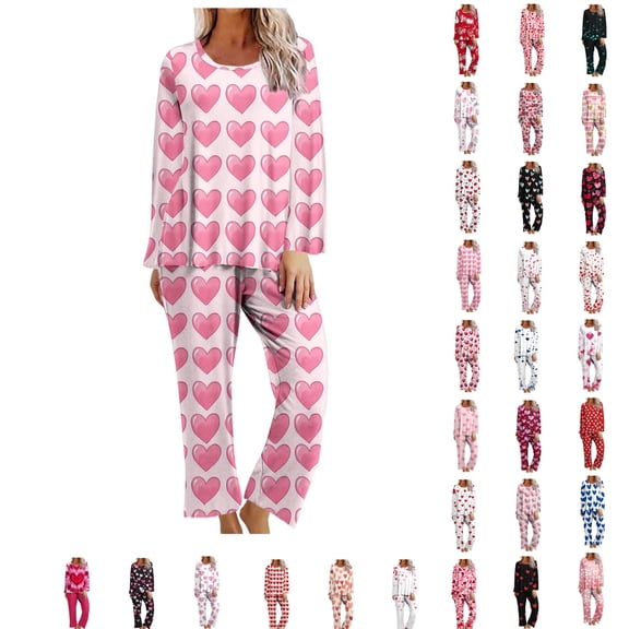 Bixock Pajamas for Women Valentines Pajamas Random Print Long Sleeve Top With Pocket 3/4 Length Pants 2 Piece Loungewear Set Sleepwear