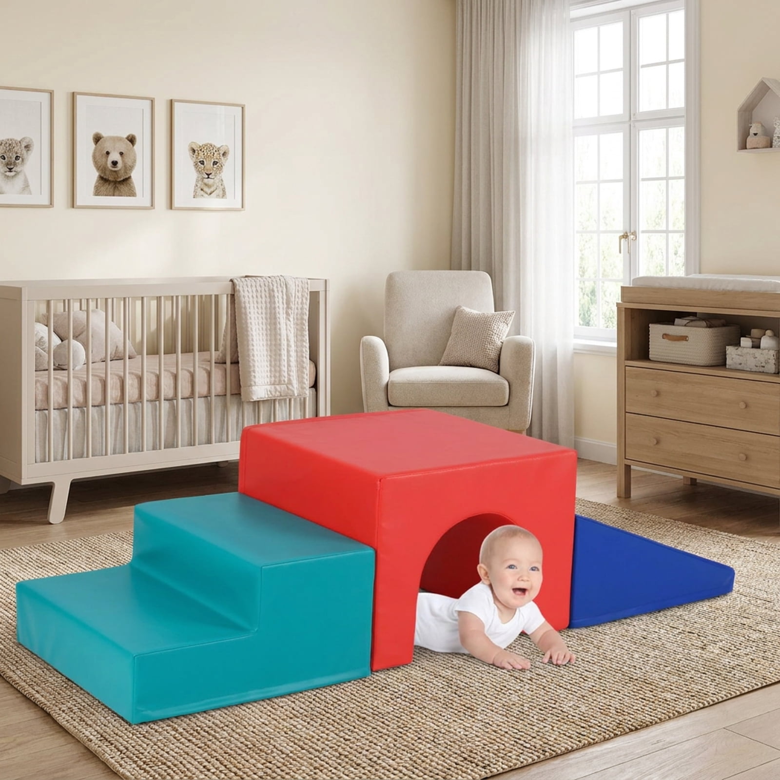 Redsmile Foam Climbing Blocks for Babies, Climb and Crawl Play Set with Tunnel Slide and Rocker, Soft Infant Play Gym, Red