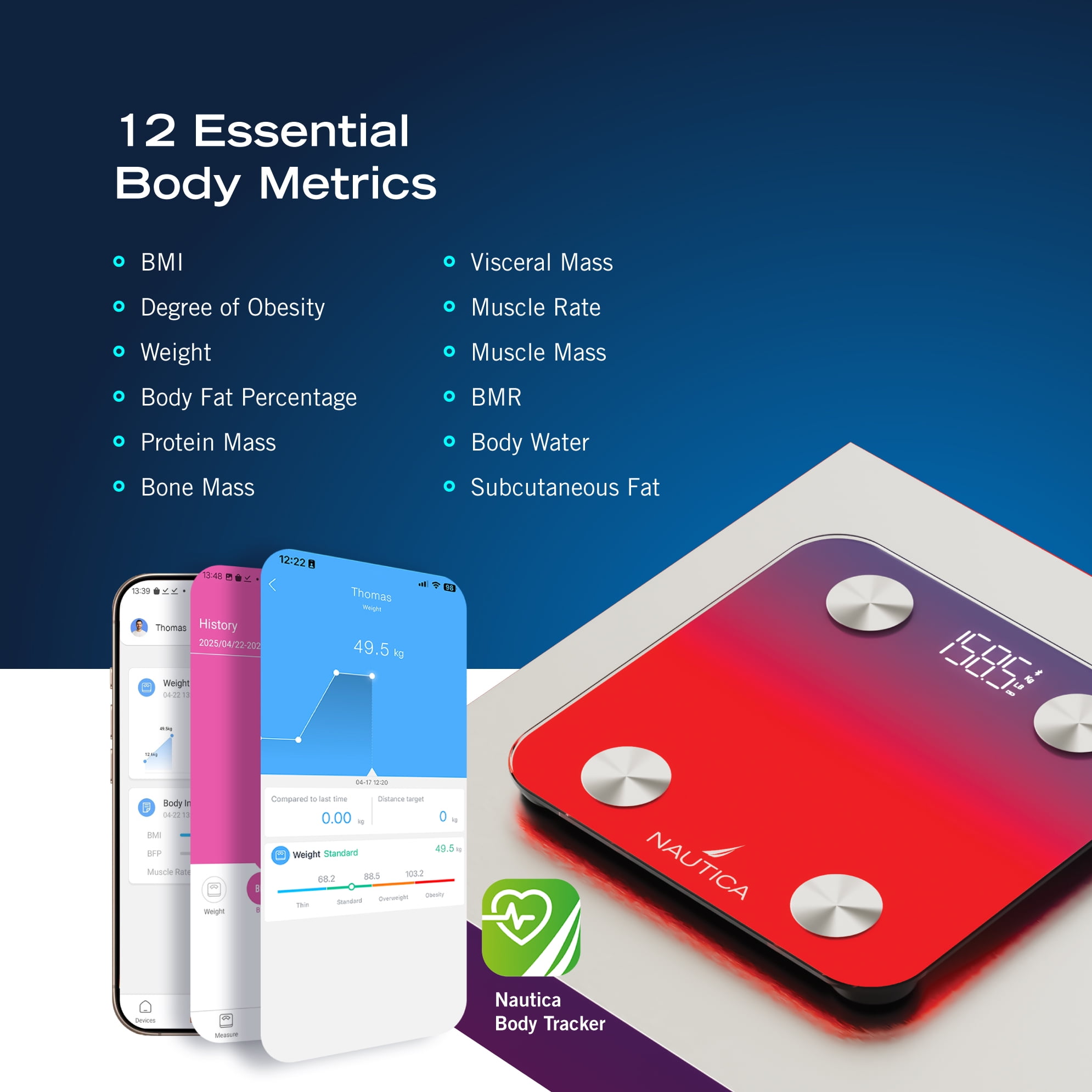 Nautica Body Tracker Smart Scale - 12 Body Metrics, Bluetooth Syncing, Stylish Design, iOS & Android Compatible