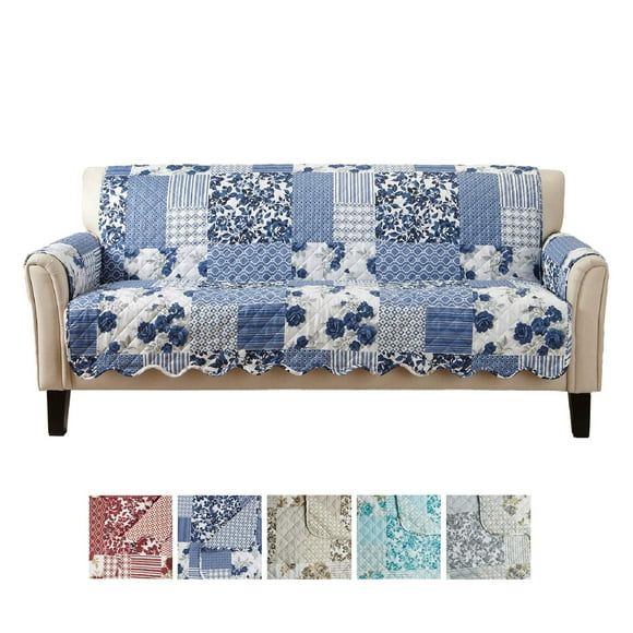 Great Bay Home Patchwork Scalloped Printed Furniture Protector Stain Resistant Couch Cover (Sofa, Navy)