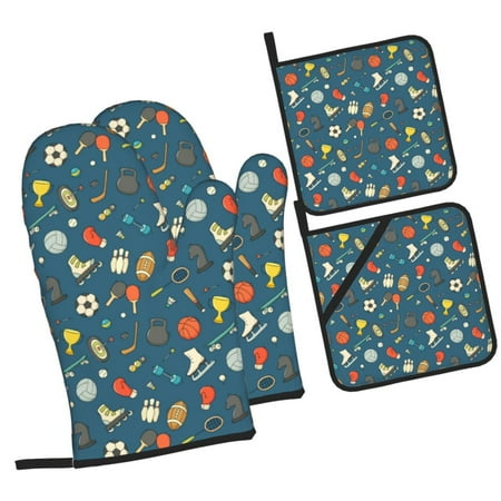 

Honeii Sports Ball Pattern Oven Mitts and Pot Holders Silicone Oven Gloves 500 F Heat Resistant Oven Mitts Sets 4PCS