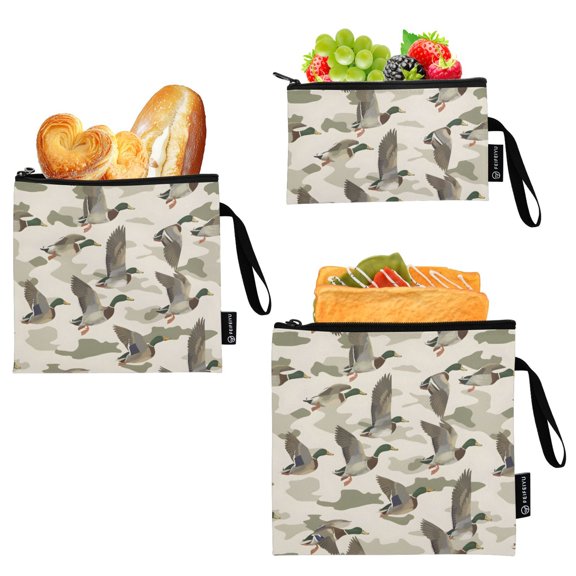 Ryvnso 3 Pack Reusable Snack Bags Sandwich Storage Pouches Washable Lunch Bag Wild Duck