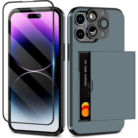 4-in-1 for iPhone 14 Pro Max Case Wallet with Screen Protector Camera Lens Protector Full Body Hybrid iPhone 14 Pro Max Case with Card Holder Shockproof Phone Case for iPhone 14 Pro Max, Blue