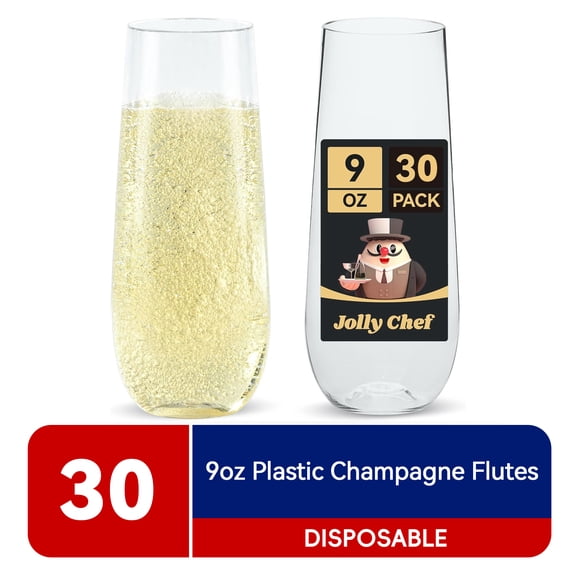 JOLLY CHEF 30 Pack Stemless Plastic Champagne Flutes 9 oz, Crystal Clear Stemless Plastic Toasting Glasses, Clear Disposable Unbreakable Drinkware Ideal for Wedding, Birthday, Party, Thanksgiving