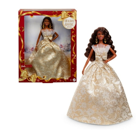 Barbie Signature 2025 Holiday Barbie Fashion Doll, Seasonal Collector, Black Hair with Silver & Gold Gown