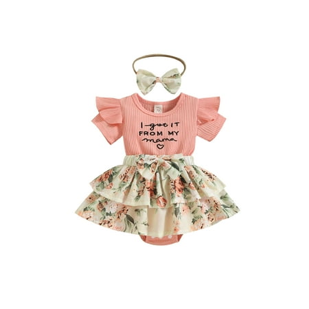 

Baby Girls Romper with Headband Flower Print Fly Sleeve Crew Neck Summer Skirt for Toddlers