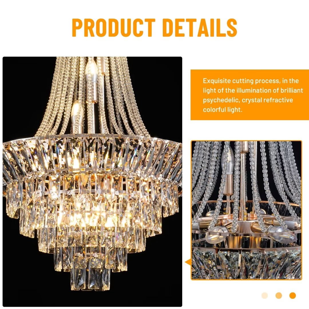 FINE MAKER French Empire Crystal Chandelier, High Ceiling Modern Chandelier, Gold Chandelier Fixture for Dining Room, Living Room (23″W x 53″H)