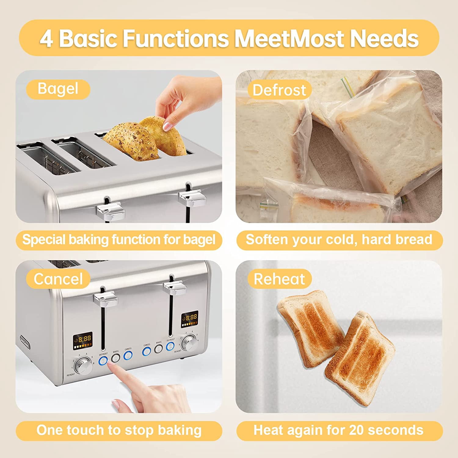 Toaster 4 Slice, Stainless Steel Bread Toaster with 2 Colorful LCD Display, 7 Shade Settings,1800W, Silver Metallic