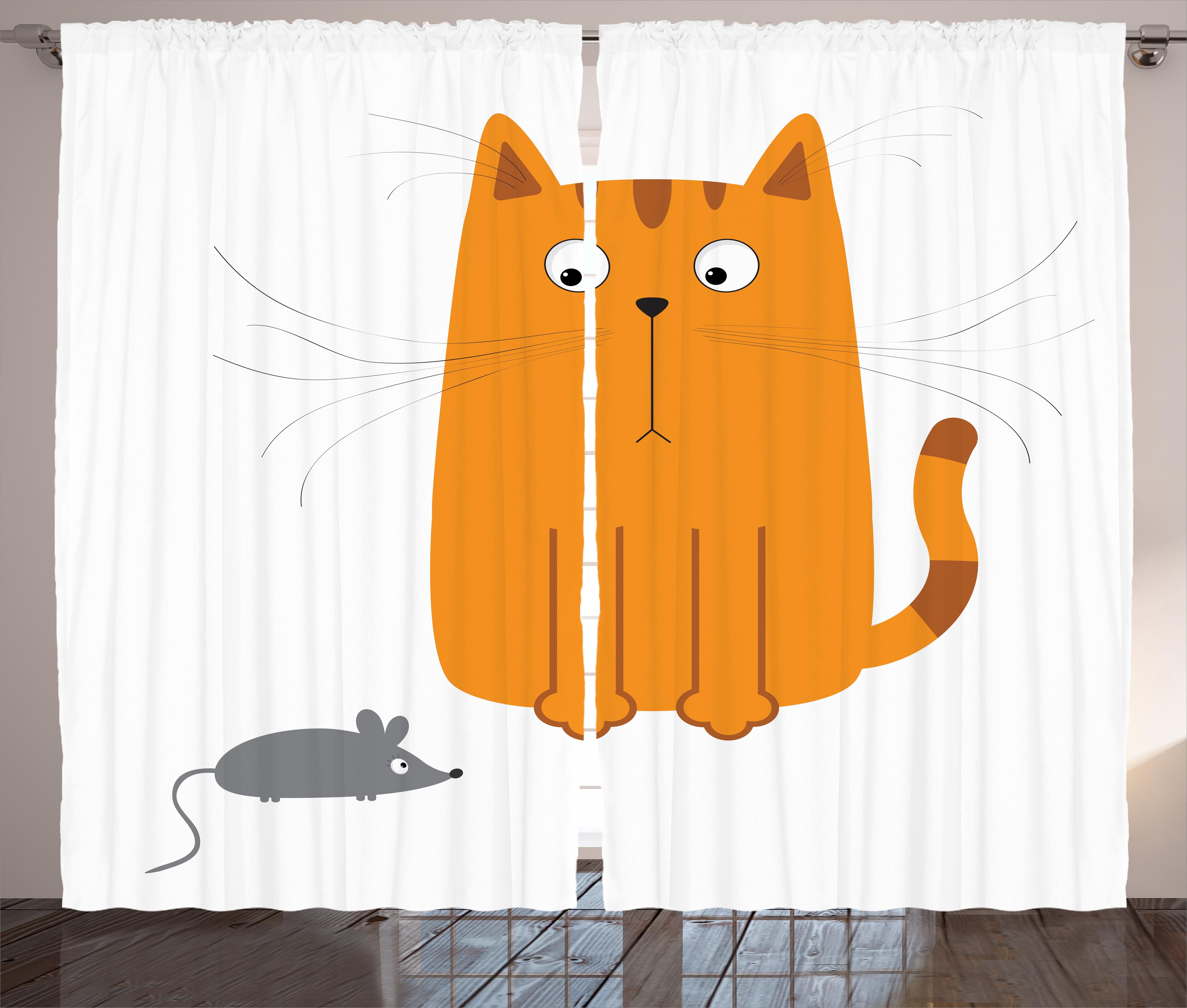 Cartoon Curtains 2 Panels Set Cute Cat Looking At Mouse Hunter