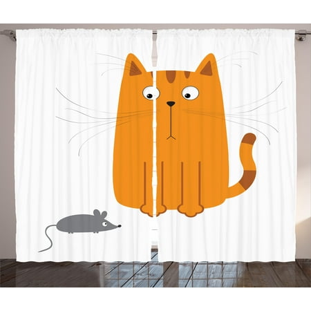 Cartoon Curtains 2 Panels Set, Cute Cat Looking at Mouse Hunter Kitty Fun Humor Kids Animal Graphic Art Print, Window Drapes for Living Room Bedroom, 108W X 63L Inches, Marigold Grey, by Ambesonne