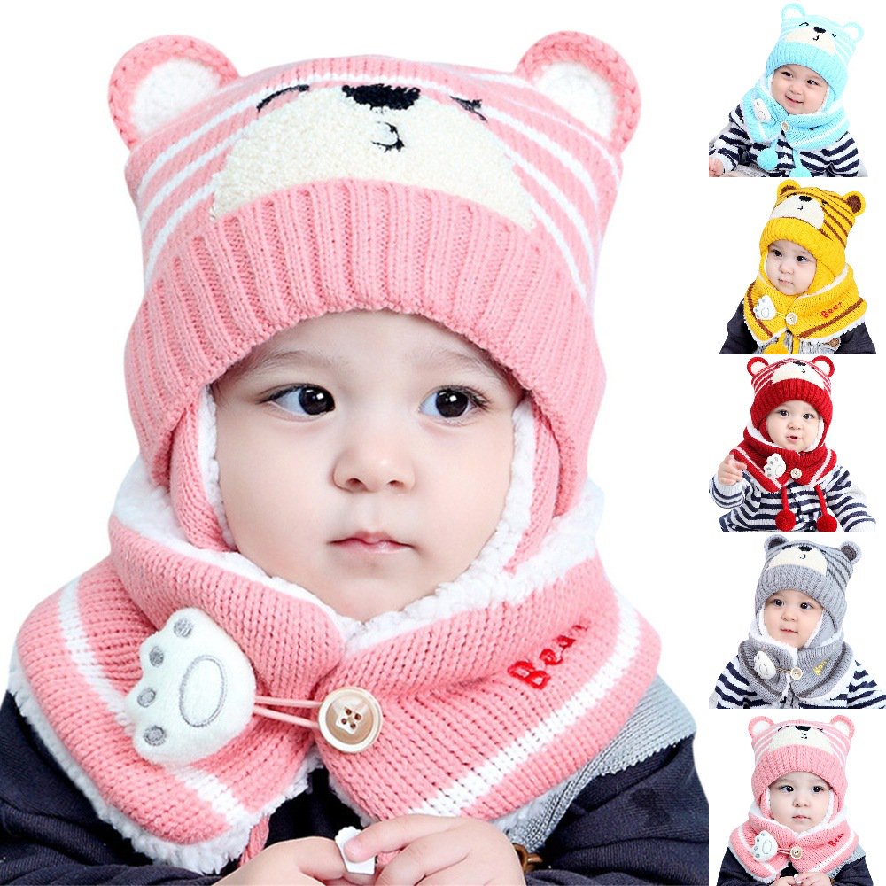 Bmisegm Winter Hats for Kids Baby Boy Girl Toddler Bear Ear Cap Beanie Hat Scarf Fleece Lined Knitted Neck Warmer Set