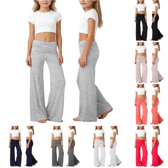 Hauaitttt Girls Waist Pleated Yoga Pants Pure Color Wide Leg Loose Casual Trousers for Everyday Comfort Legging Girl Tween Girls Clothes Girls Champagne Leggings Gymnastic Sweats Proper Peony Girls