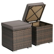 Topbuy 2 Pieces Patio Ottoman Multipurpose Outdoor Wicker Footstool Storage Box Side Table w/ Solid Metal Frame w/ Removable Cushions Gray