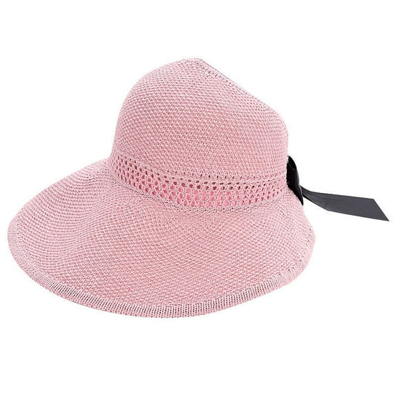 Women's Open Top Sun Visor Hat, Foldable Wide Brim Straw Style Beach Hat, Bow Detail Summer Sun Hat for Vacation, Travel, and Casual Wear - Pink