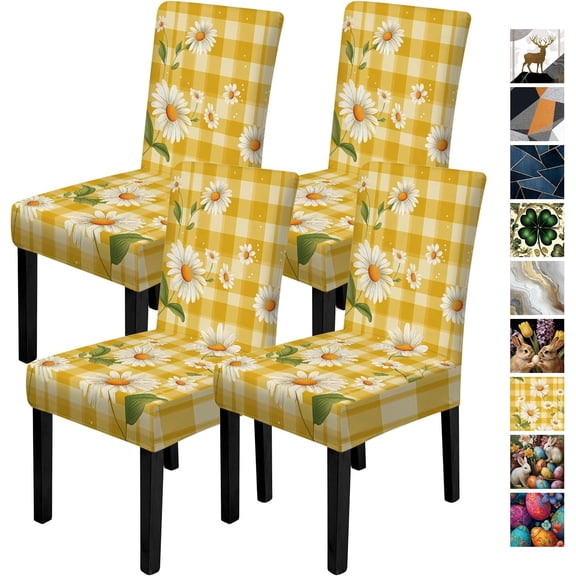 Plaid Daisy Farmhouse Floral Dining Chair Covers Set of 4,Stretch Spandex Parsons Chair Slipcovers, Removable Washable Kitchen Chair Protectors for Dining Room