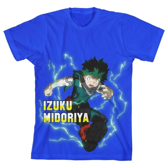 My Hero Academia Izuku Midoriya Lightning Background Boy's Royal Blue T-shirt-Large