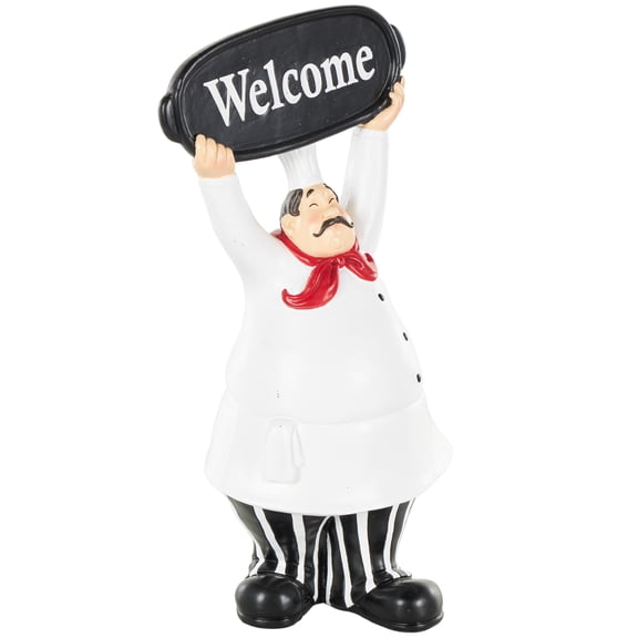 6" x 13" White Polystone Kitchen Decorative Figurine Chef Sculpture with Welcome Sign, by DecMode