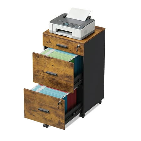 GALAXHERO File Cabinet 3-Drawer Rolling Wood Cabinet for Home Office with Lock, Fits Letter/A4 Size, Rustic Brown