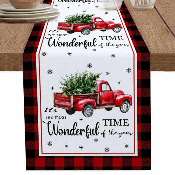 nqOlkjepod Christmas Truck Table Runner 48 Inches Long Farmhouse Dress Scarves, Buffalo Plaid Xmas Pine Tree Snowflakes Dining Tablerunner for Coffee Table/Kitchen Island/Party Décor, 13" x 48"